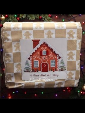 4pc Christmas Checkered Gingerbread Cookie King Bed Sheet Set NEW
